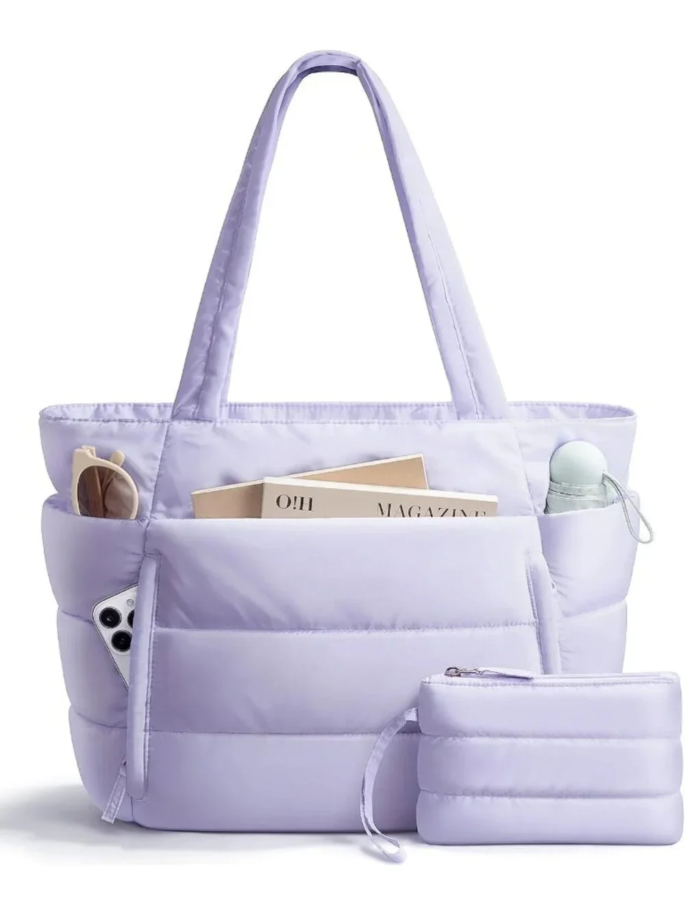 👜Women's Purple Puffer Tote Bag 16 Pockets Work Gym Travel Laptop Handbag